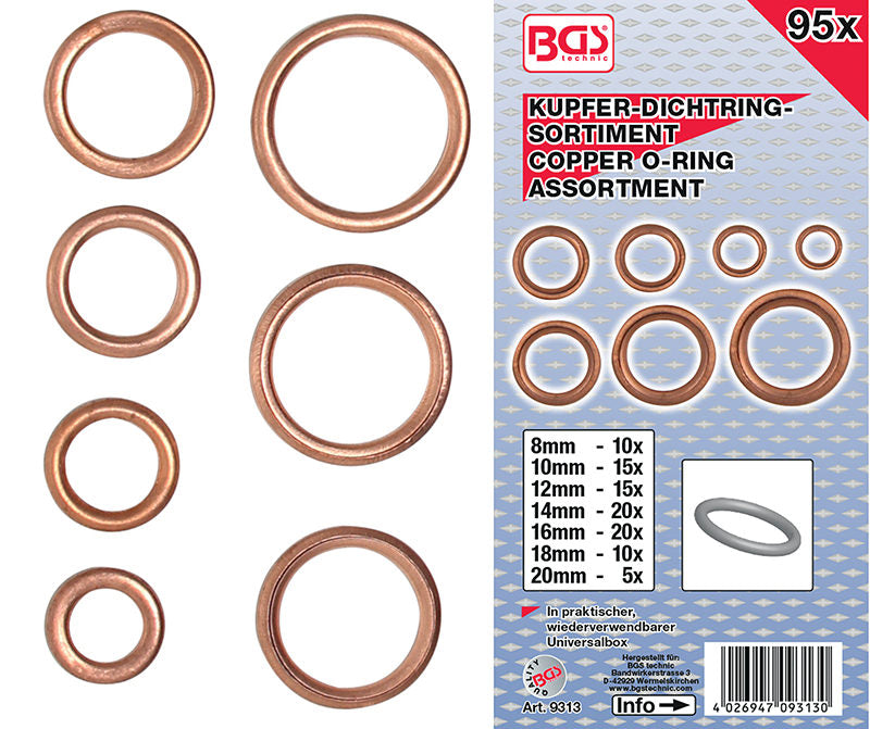 ASSORTIMENTO 95 PEZZI, O-RING IN RAME, Ø 6-20 MM BGS9313