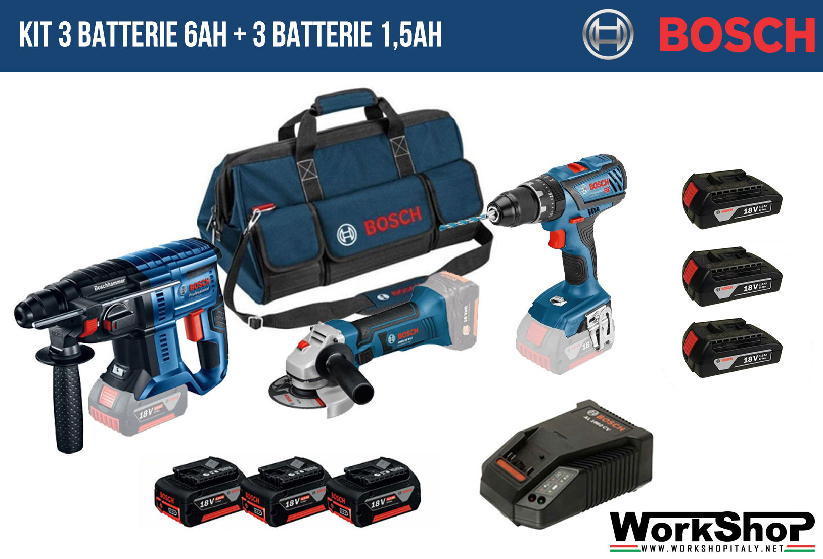Promo Kit 6Ah +1,5Ah Bosch Professional GBH 18V-20 + GSB 18V-28 + GWS18 V-LI + Borsone