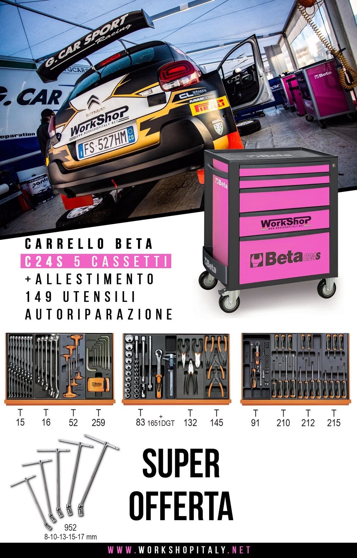 Carrello Beta C24S 5 Cassetti Rosa Pink/Black + allestimento 149 utensili autoriparazione
