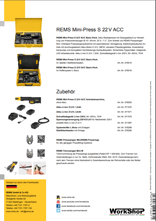 Pressatrice Rems Mini Press S 22V ACC Basic-Pack L-BOX Litio + 3 pinze Omaggio