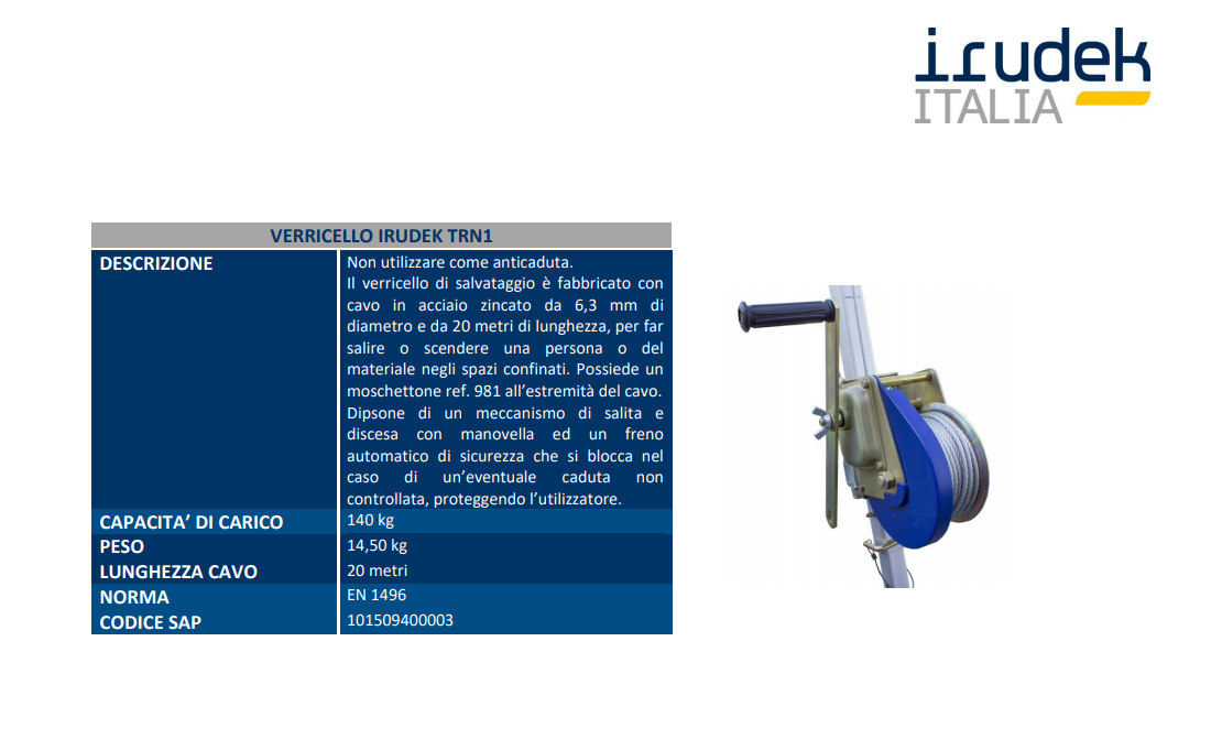 Verricello per treppiedi recupero IRUDEK SEKURALT TRN1