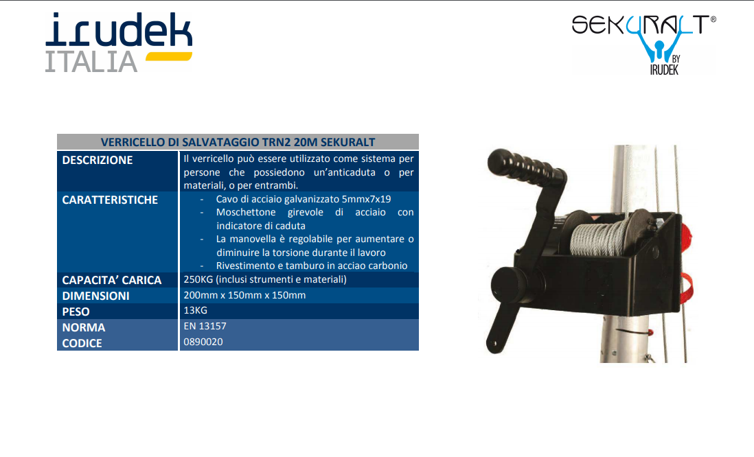 Verricello per treppiedi recupero IRUDEK SEKURALT TRN2