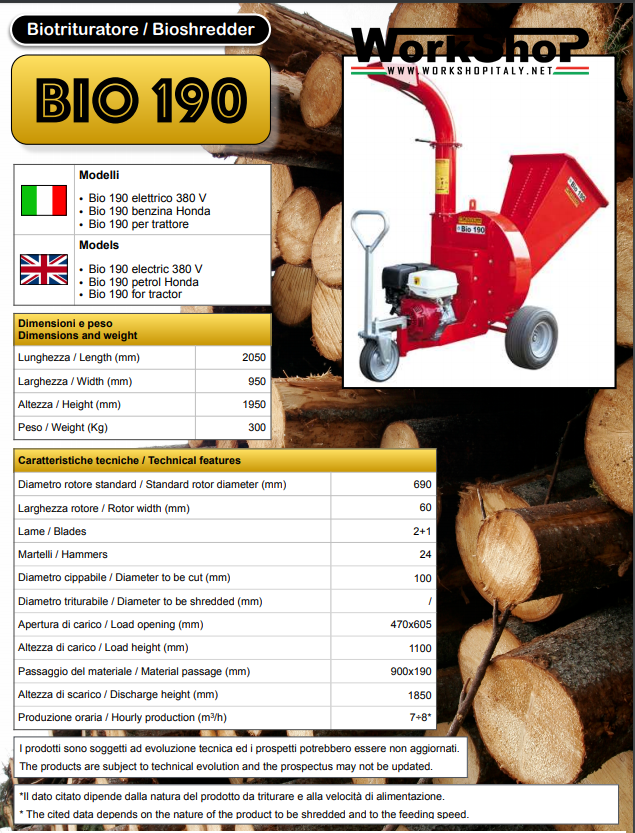 Biotrituratore Caravaggi BIO 190  motore Honda Elettrico Trattore