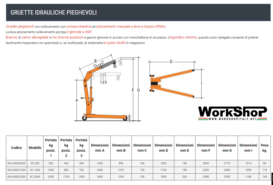 Gruetta idraulica pieghevole Barbero da 500 a 2000kg.