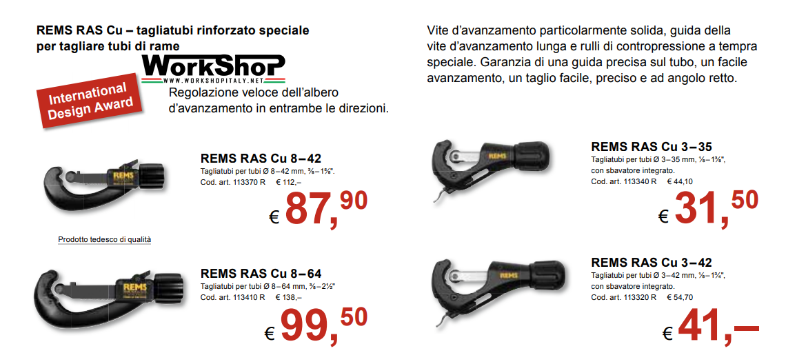 Tagliatubi rinforzati Speciali Rems per taglio tubi rame Rems RAS CU