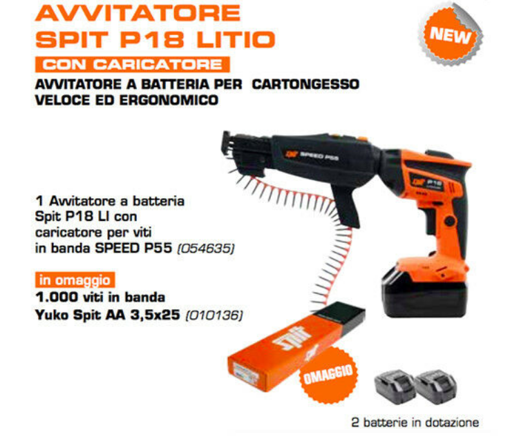 Avvitatore cartongesso Litio Spit P18 3 batterie 18v 4Ah + Caricabatterie + caricatore + 1000 viti
