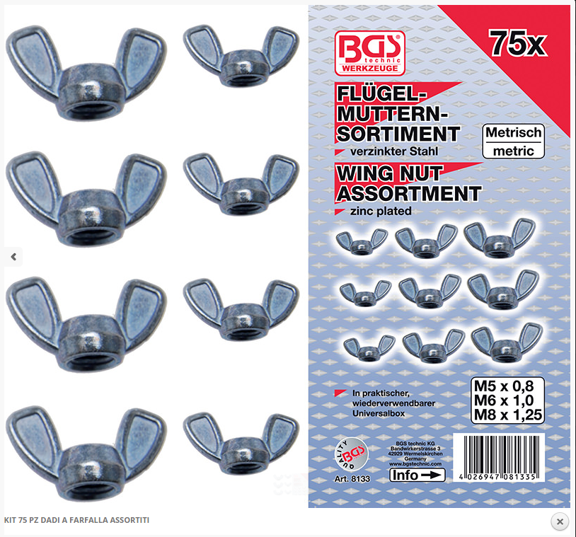 Set 75 dadi a farfalla M5 - M8 Bgs Fermec BGS8133