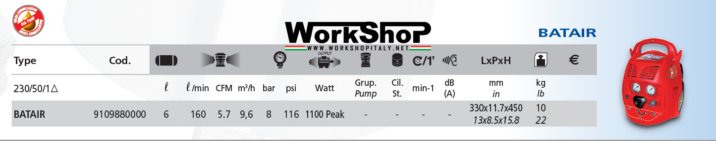 Compressore d’aria coassiali senza olio FIAC 6lt. 1100w + KIT accessori