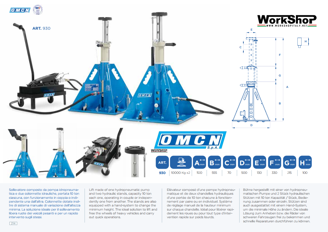 Sollevatore idraulico idropneumatico OMCN 930 10 Ton. 2 colonnette