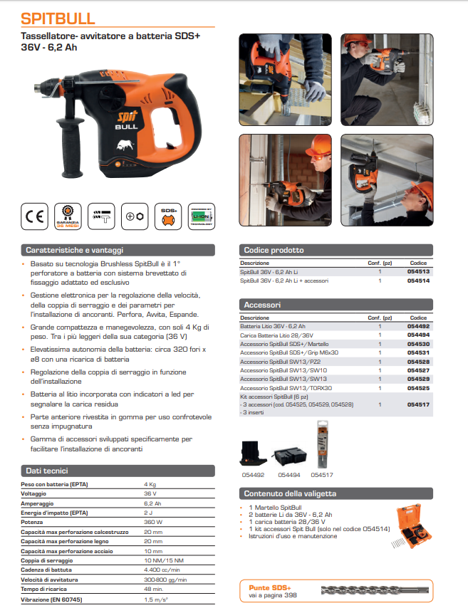 Tassellatore ancorante a batteria SPITBULL Spit 36v 6,2Ah + ACCESSORI