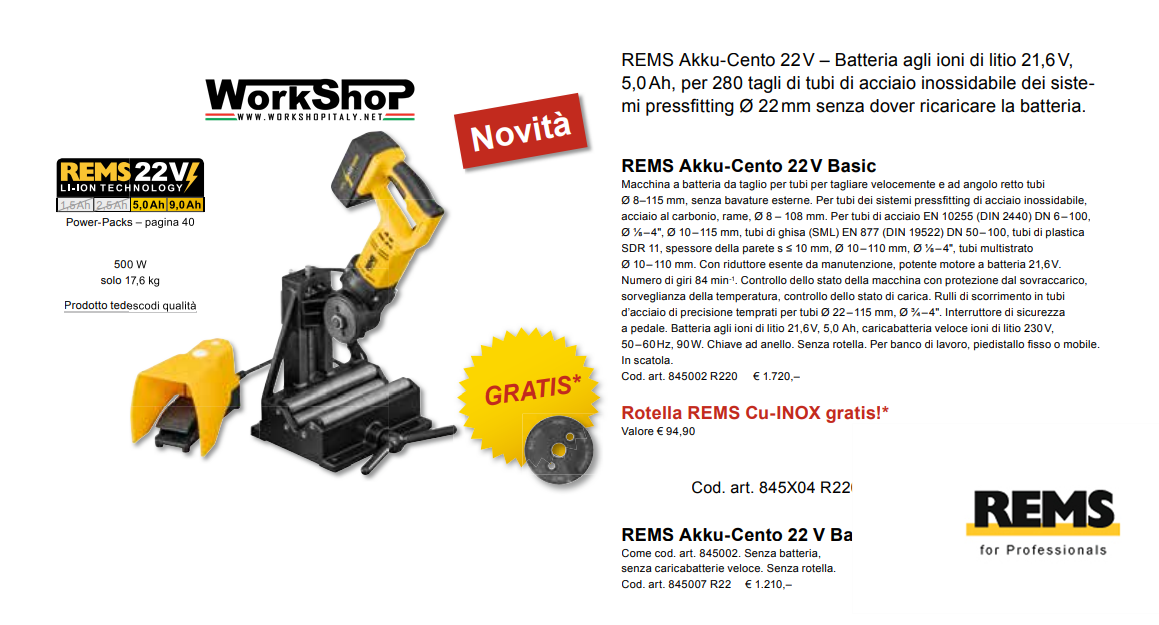 Macchina da taglio per tubi REMS Akku-Cento 22 V Basic /P senza batteria ne caricabatterie