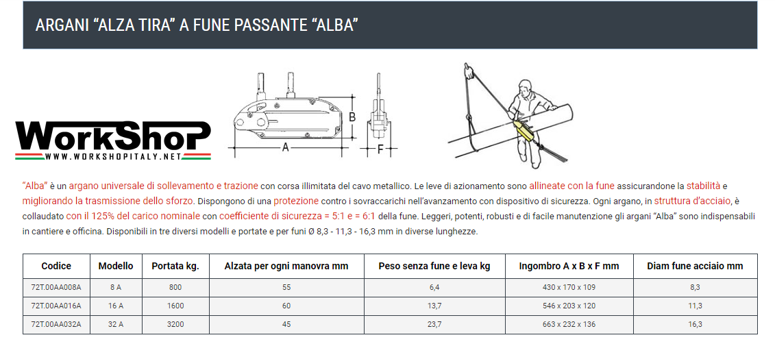 Argani Alza Tira Barbero Alba a fune passante da 800 a 3200 kg.