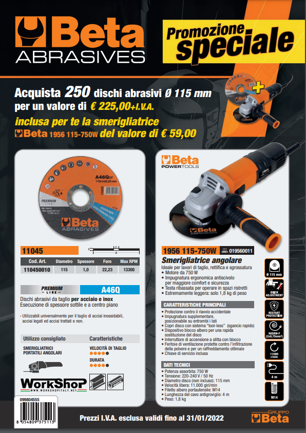 PROMO 250 dischi115X1 PREMIUM taglio Inox e Ferro + Smerigliatrice 750w 115mm