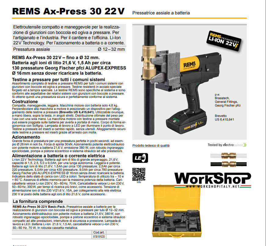 Pressatrice REMS AX-PRESS 30 22V + 3 testine in omaggio