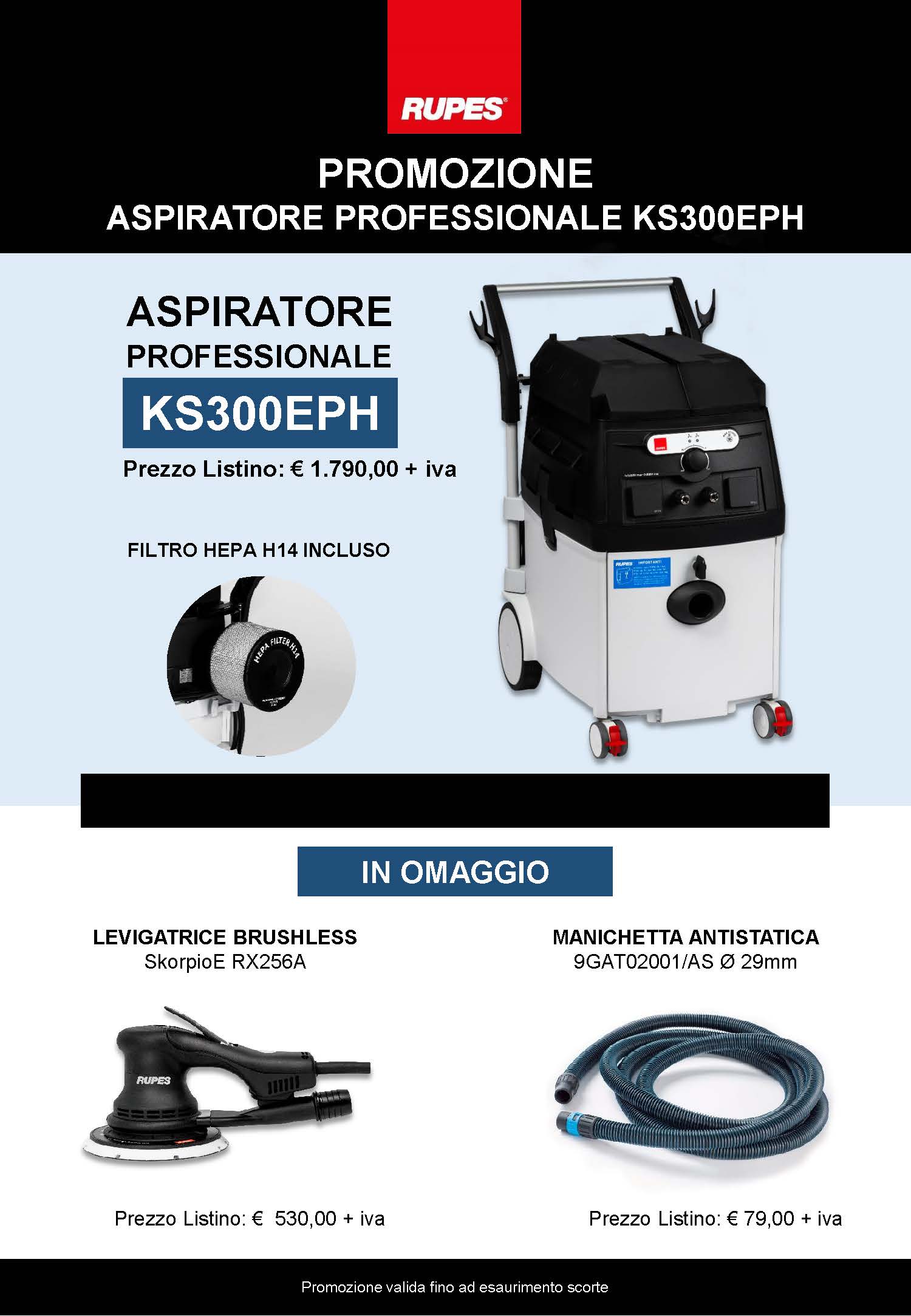 Promozione aspiratore Professionale RUPES KS300EPH + Levigatrice BRUSHLESS SkorpioE RX256A