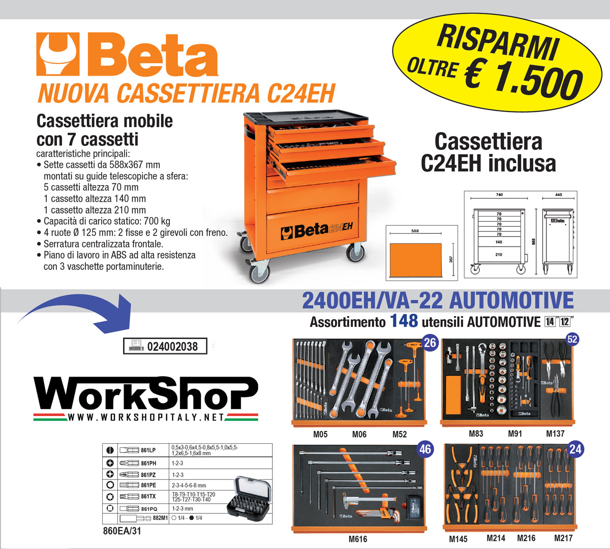 Cassettiera 7 cassetti C24EH +  assortimento 148 utensili automotive Beta 2400EH/VA-22
