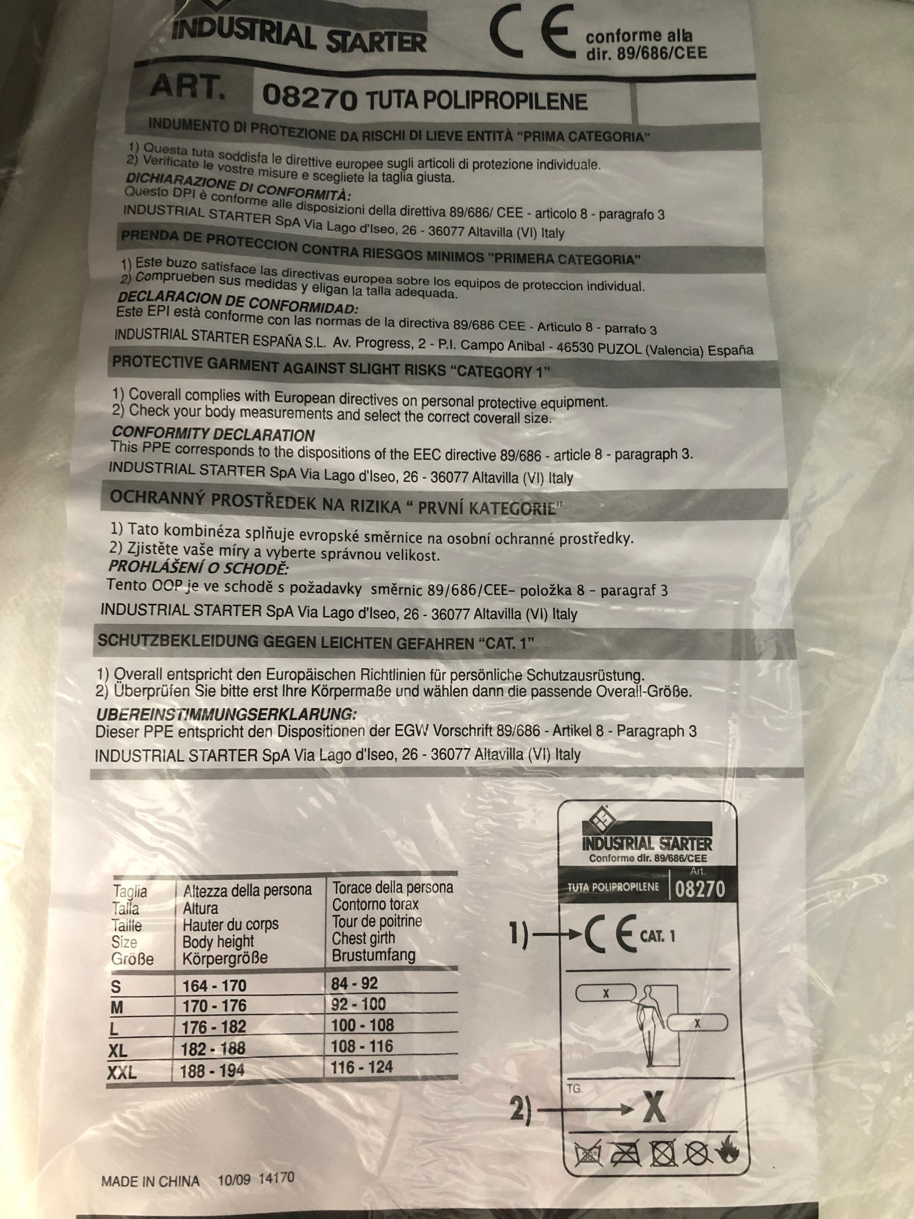 Tuta bianca CAT.1 SPP POLIPROPILENE Industrial Starter 08270