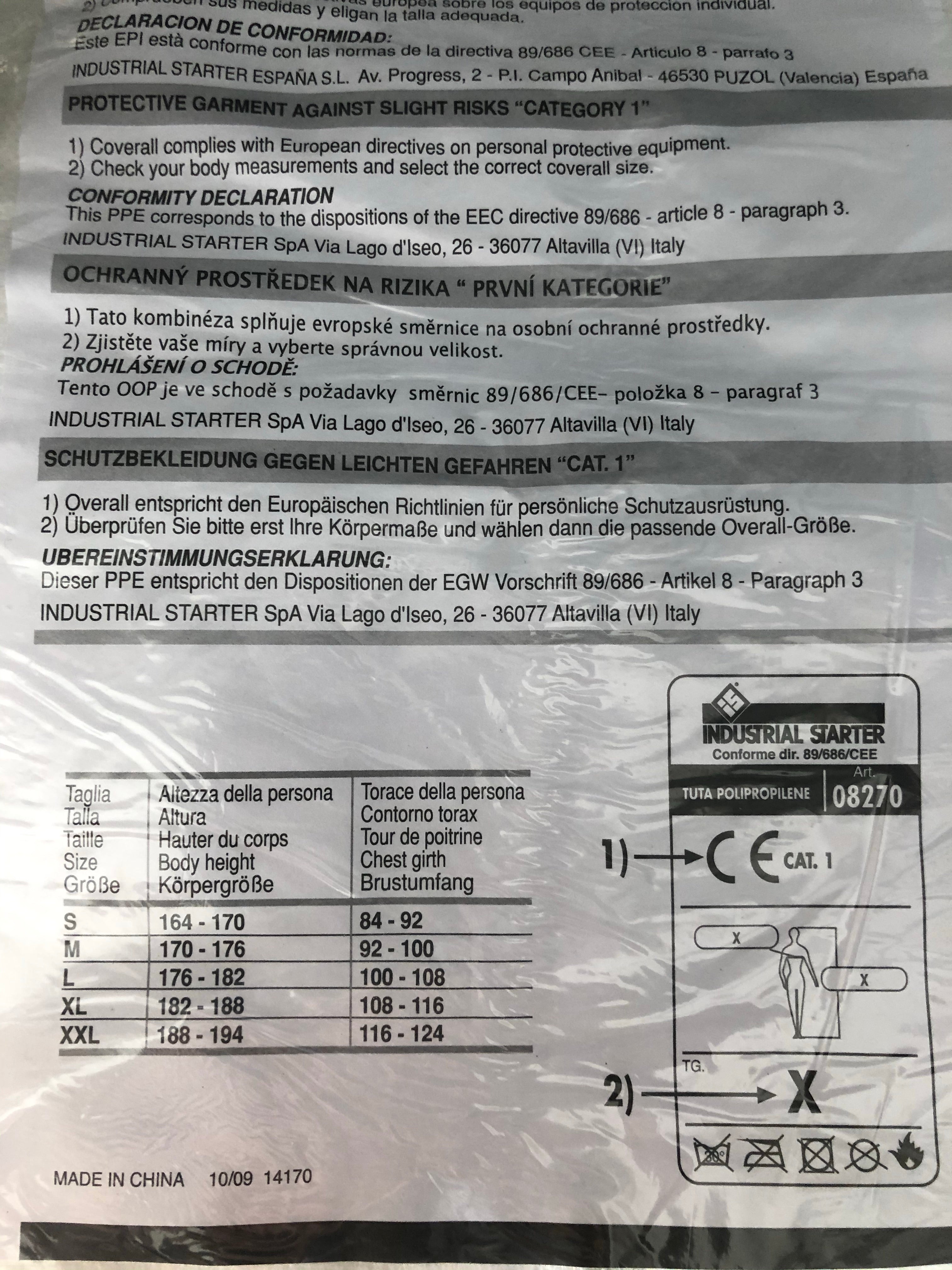 Tuta bianca CAT.1 SPP POLIPROPILENE Industrial Starter 08270