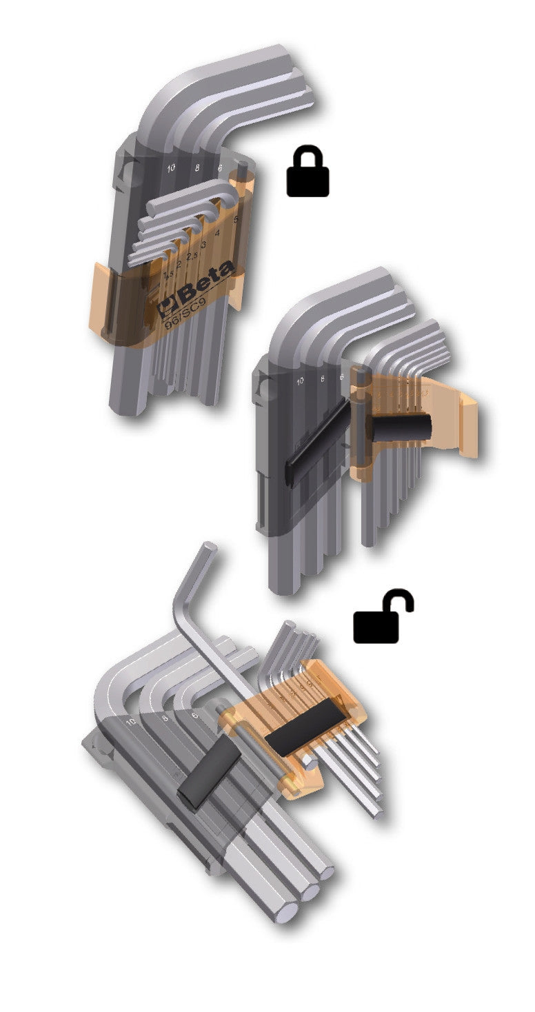 Serie di 9 chiavi maschio esagonale piegate con un'estremità sferica Beta 96BPC/SC9