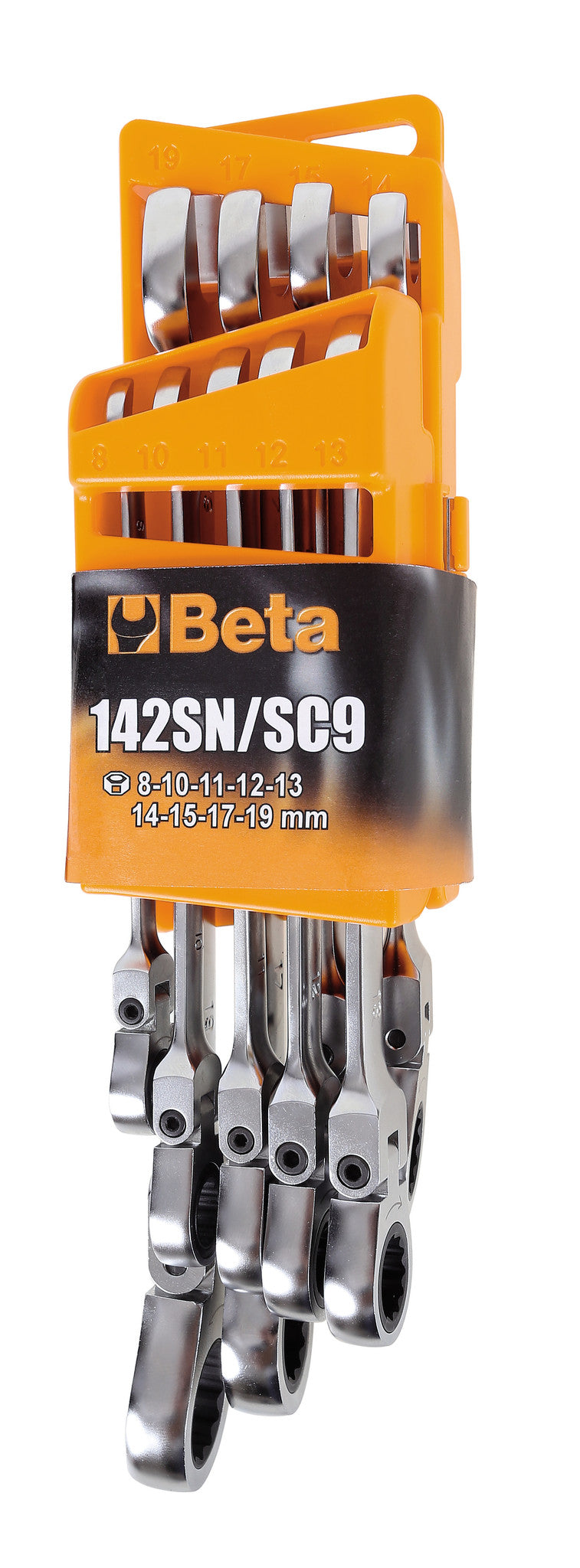 Serie  9 chiavi combinate a cricchetto snodate con supporto compatto 142SN/SC9
