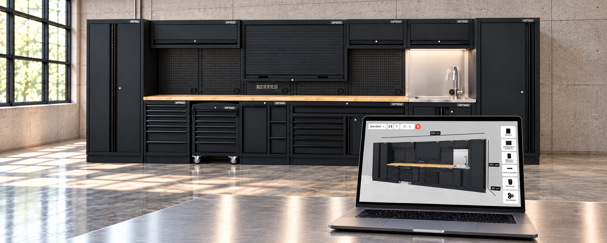 Arredo officina MPS nero con anteprima della composizione nel configuratore 3D